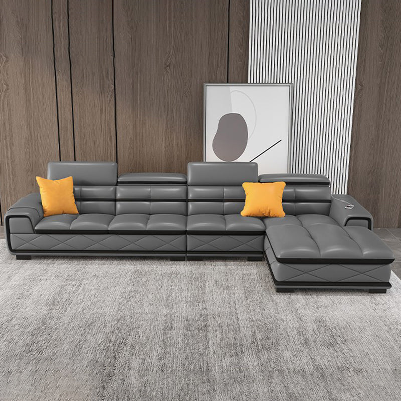 Contemporary Cloud Gray Square Arm Stationary Genuine Leather Sofa
