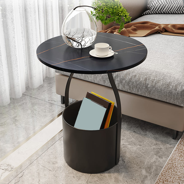 19.6" Tall Modern Round Slate Top Side Table Iron Pedestal End Table