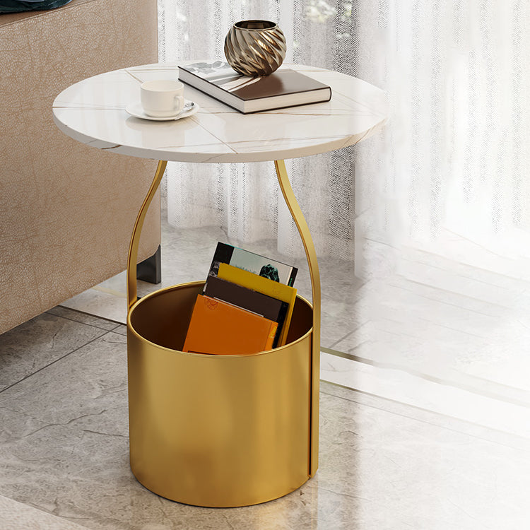 19.6" Tall Modern Round Slate Top Side Table Iron Pedestal End Table