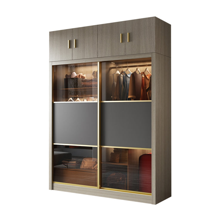 Brown Glass Door Storage Cabinet Contemporary Sliding Door Wardrobe for Home