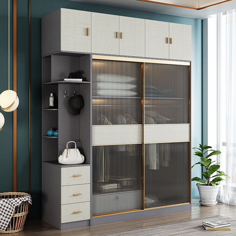 Modern Sliding Door Wardrobe for Home Grey Cabinet with Clear Glass Door