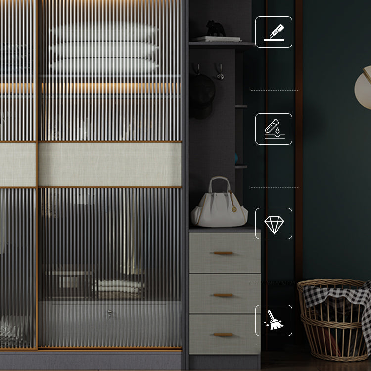 Modern Sliding Door Wardrobe for Home Grey Cabinet with Clear Glass Door