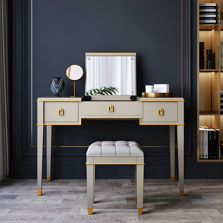 Solid Wood Make-up Vanity Mirrored Vanity Set with Padded Stool