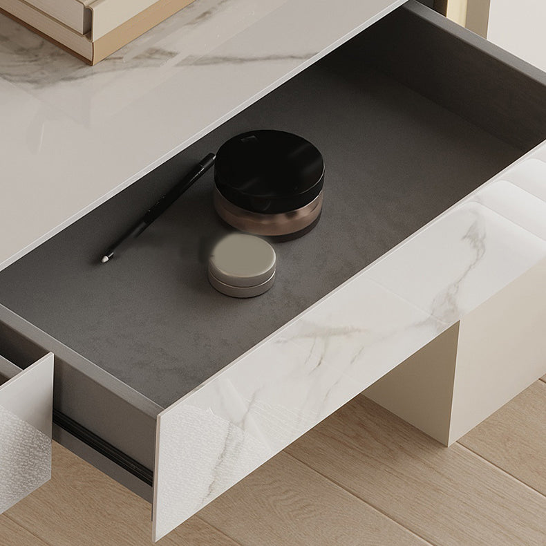 Wood Vanity and Stool in White Luxurious Stone Dressing Table