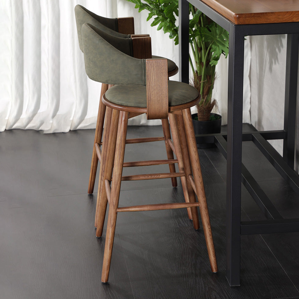 Contemporary Green Wood Stool Faux Leather Furniture Low Back with 4 Wood Legs