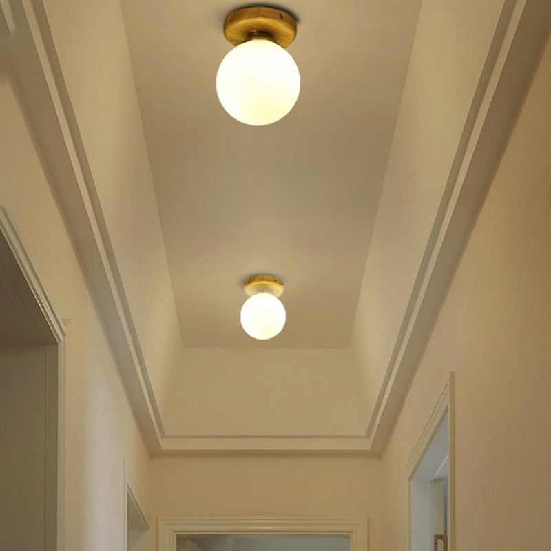 Scandinavian Wooden Ceiling Light Globe Glass Shaded Flush Mount Lighting