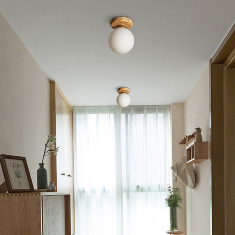Scandinavian Wooden Ceiling Light Globe Glass Shaded Flush Mount Lighting