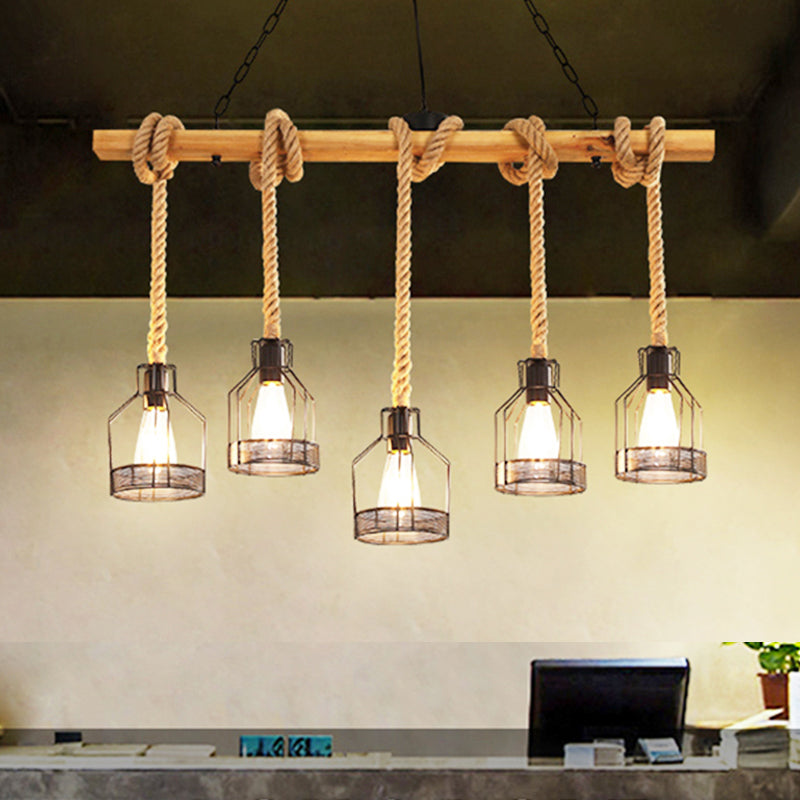 Industrial Wood Pendant Light Linear Shape Island Light with Metal Shade for Bar Counter