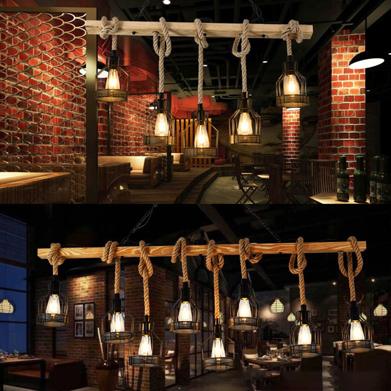 Industrial Wood Pendant Light Linear Shape Island Light with Metal Shade for Bar Counter
