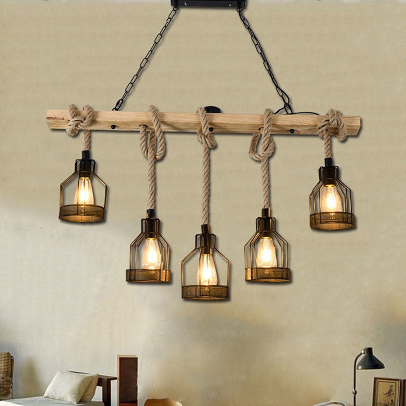 Industrial Wood Pendant Light Linear Shape Island Light with Metal Shade for Bar Counter