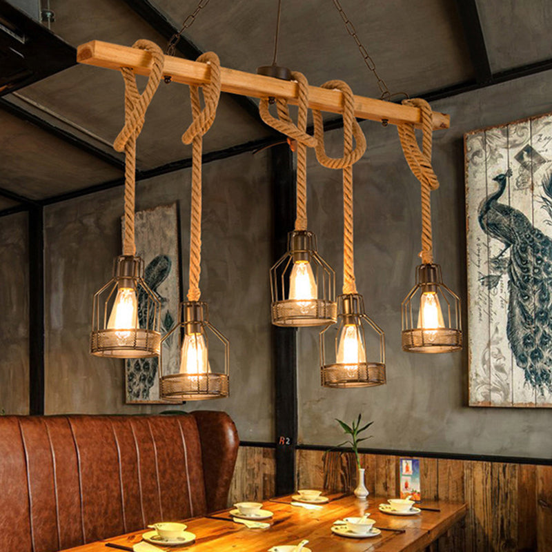Industrial Wood Pendant Light Linear Shape Island Light with Metal Shade for Bar Counter