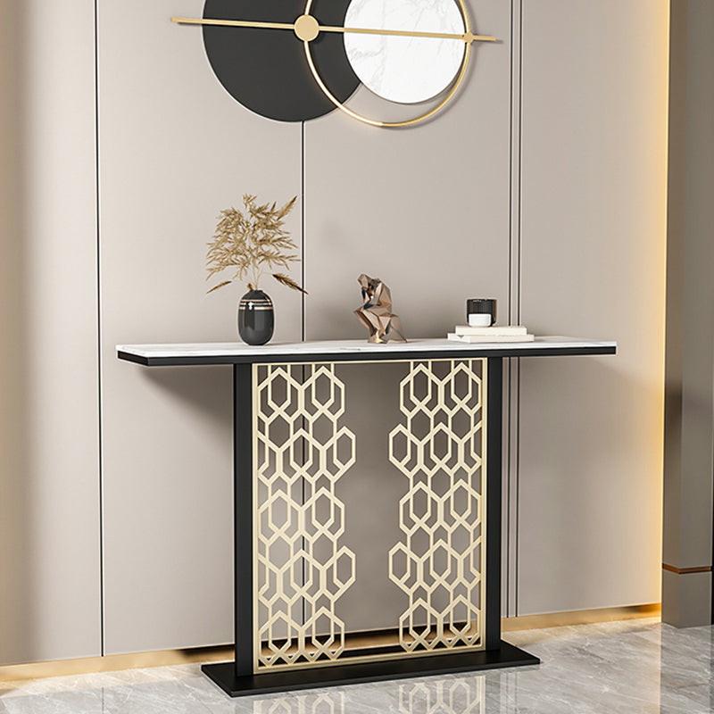 Glam Console Table with Rectangle Stone Top and Black Base for Hall