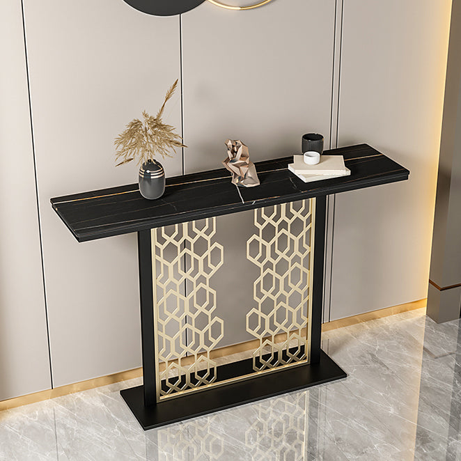 Glam Console Table with Rectangle Stone Top and Black Base for Hall