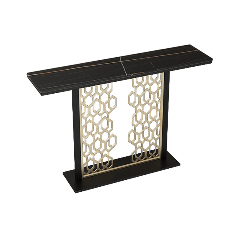 Glam Console Table with Rectangle Stone Top and Black Base for Hall