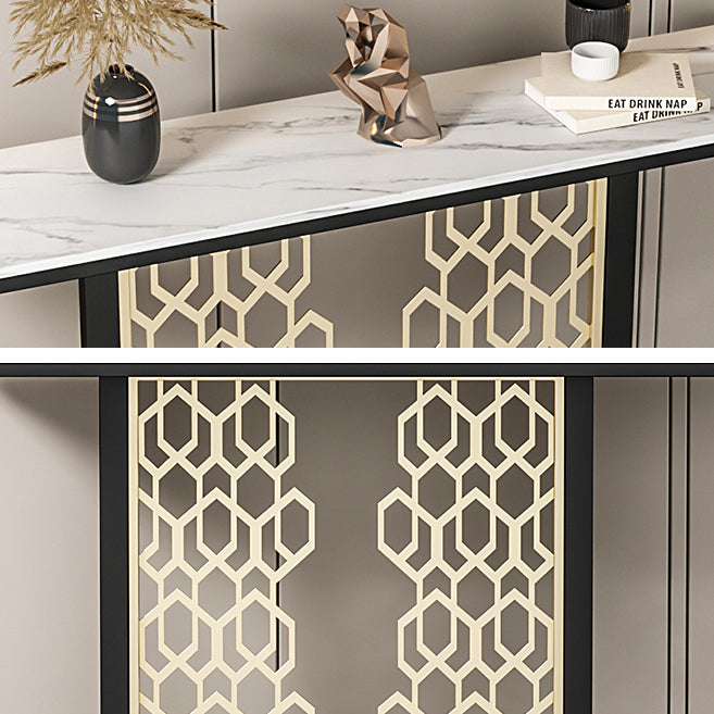Glam Console Table with Rectangle Stone Top and Black Base for Hall