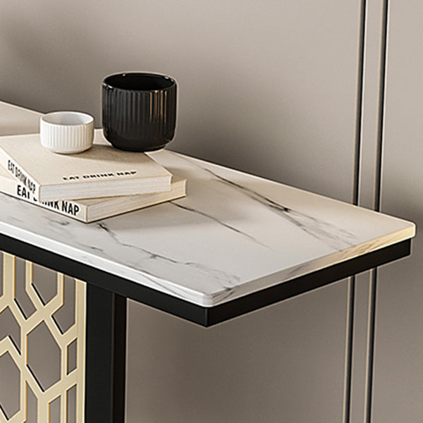 Glam Console Table with Rectangle Stone Top and Black Base for Hall