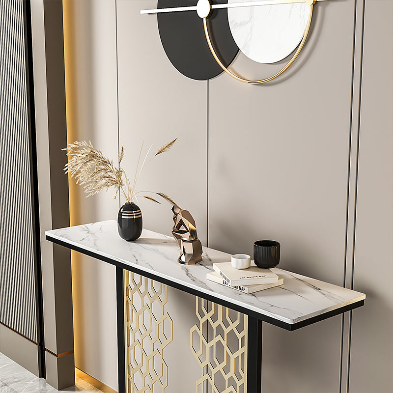 Glam Console Table with Rectangle Stone Top and Black Base for Hall