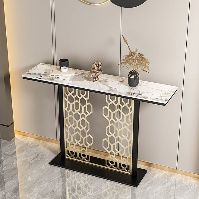 Glam Console Table with Rectangle Stone Top and Black Base for Hall