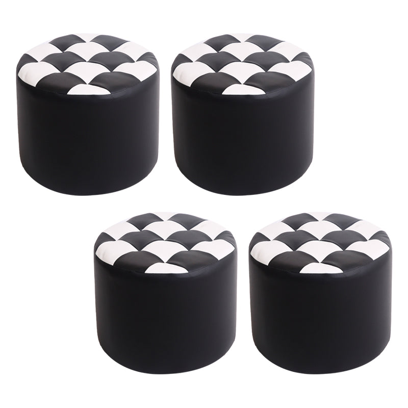 Modern Stain Resistant Standard Round Check Pattern Leather Pouf for Drawing Room