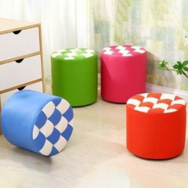 Modern Stain Resistant Standard Round Check Pattern Leather Pouf for Drawing Room