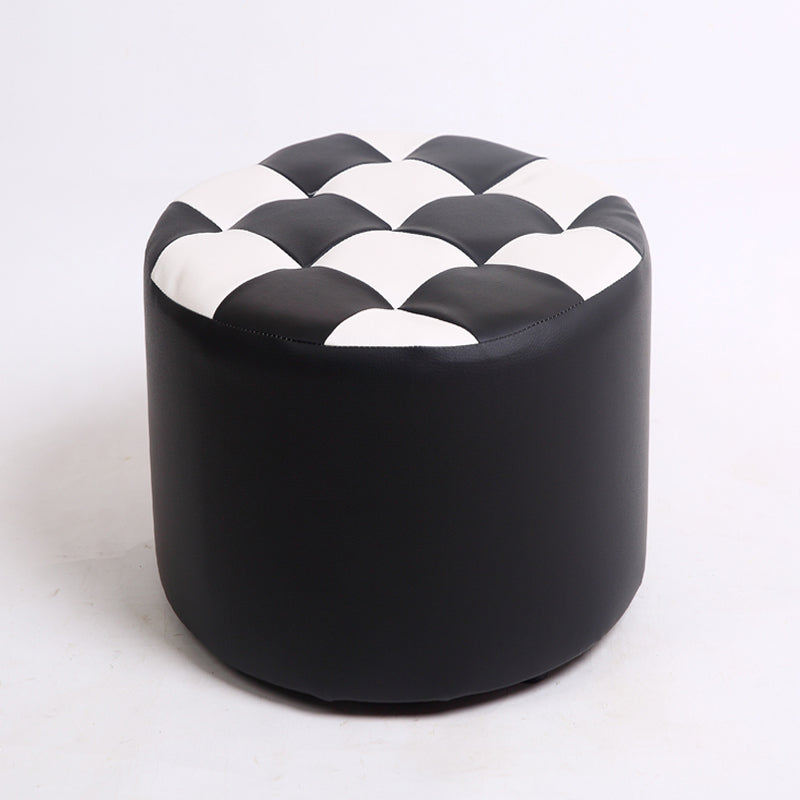 Modern Stain Resistant Standard Round Check Pattern Leather Pouf for Drawing Room