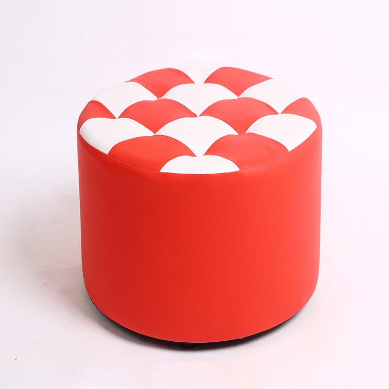 Modern Stain Resistant Standard Round Check Pattern Leather Pouf for Drawing Room