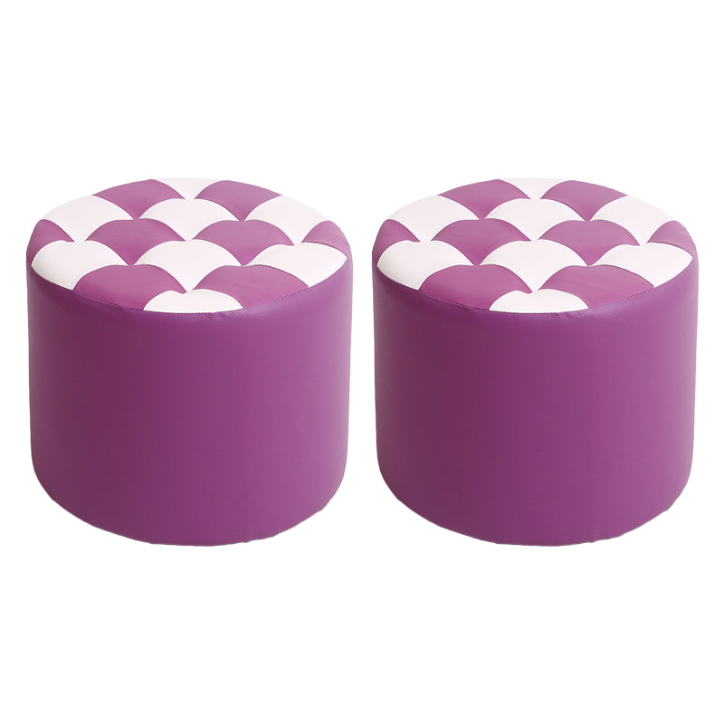 Modern Stain Resistant Standard Round Check Pattern Leather Pouf for Drawing Room