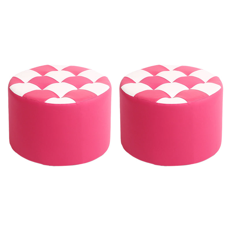 Modern Stain Resistant Standard Round Check Pattern Leather Pouf for Drawing Room