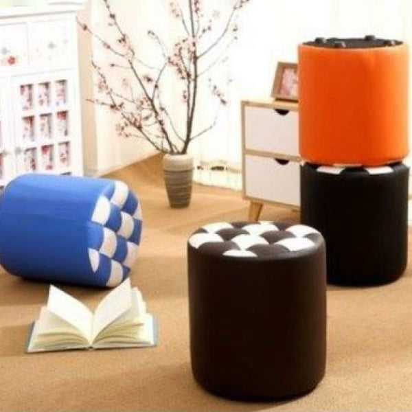 Modern Stain Resistant Standard Round Check Pattern Leather Pouf for Drawing Room