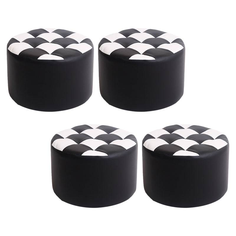 Modern Stain Resistant Standard Round Check Pattern Leather Pouf for Drawing Room