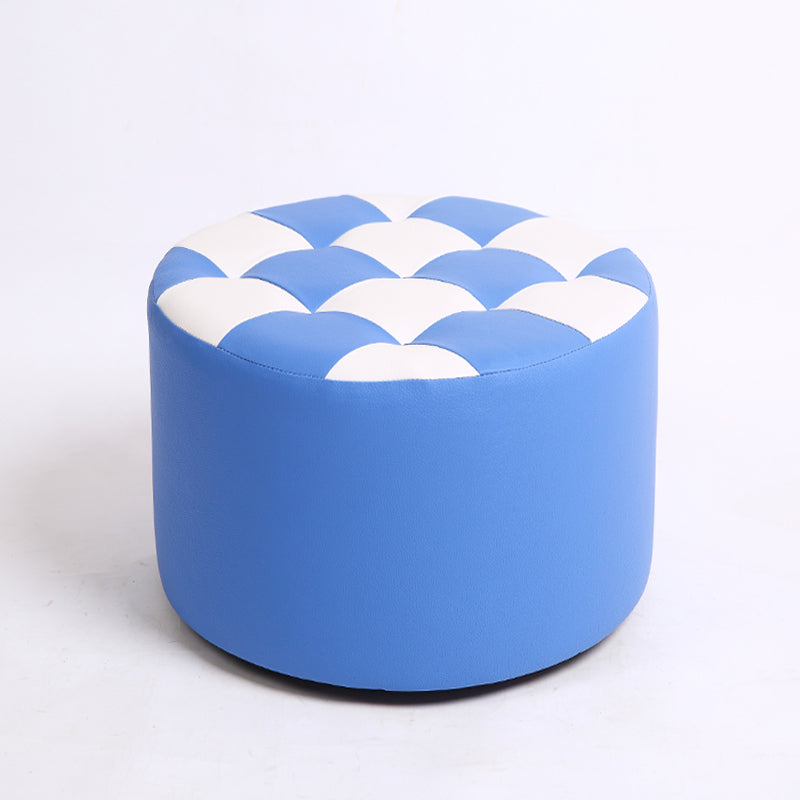 Modern Stain Resistant Standard Round Check Pattern Leather Pouf for Drawing Room