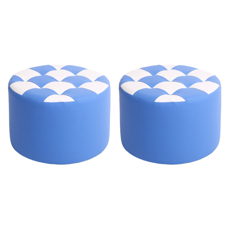 Modern Stain Resistant Standard Round Check Pattern Leather Pouf for Drawing Room