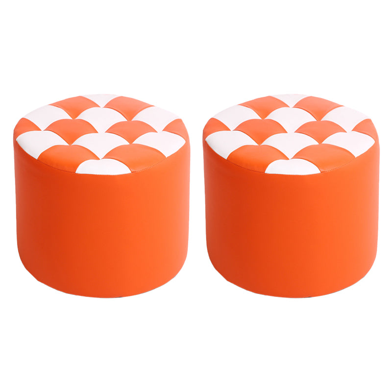 Modern Stain Resistant Standard Round Check Pattern Leather Pouf for Drawing Room