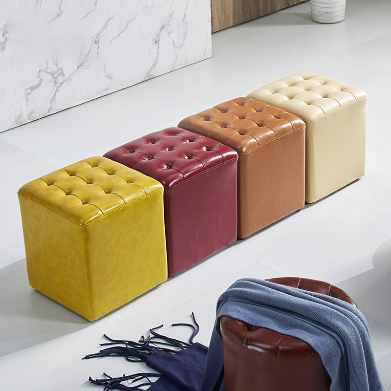 Contemporary Stain Resistant Standard Square Yellow Leather Pouf