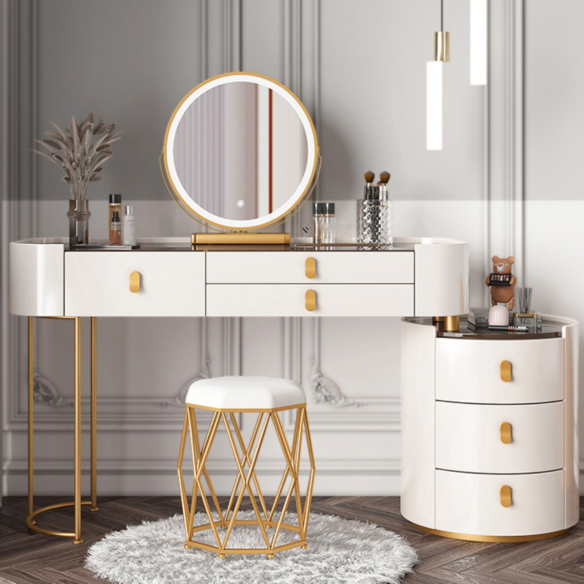 Contemporary Wood Vanity Dressing Table Set Glass/Slate Top Makeup Counter