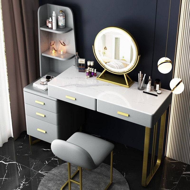 5 Wood Drawers Vanity Set with Stool in Grey Stone Top Dressing Table