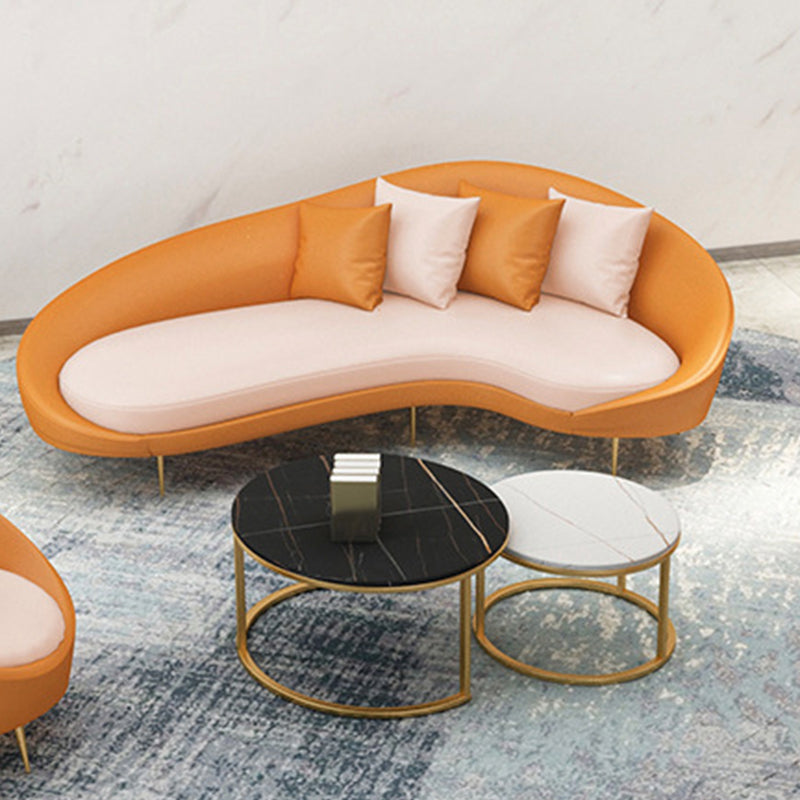 Faux Leather Curved Sofa with Slopped Arm for Living Room in Orange
