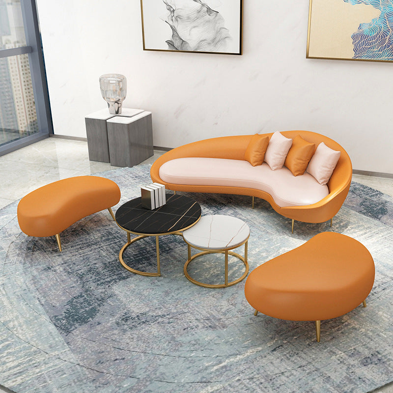 Faux Leather Curved Sofa with Slopped Arm for Living Room in Orange