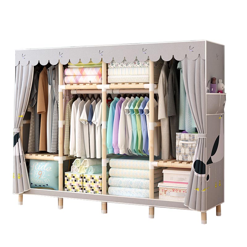 Modern Style Wardrobe with Cloth Rod Solid Wood Bedroom Wardrobe Closet
