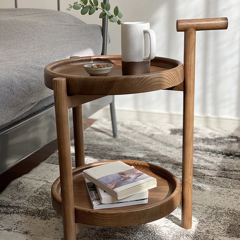 Scandinavian Round Tray Top Side Table 21.6-inch Wood End Table with Shelf and Wheel