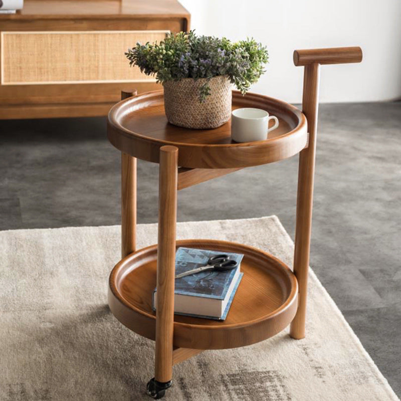 Scandinavian Round Tray Top Side Table 21.6-inch Wood End Table with Shelf and Wheel