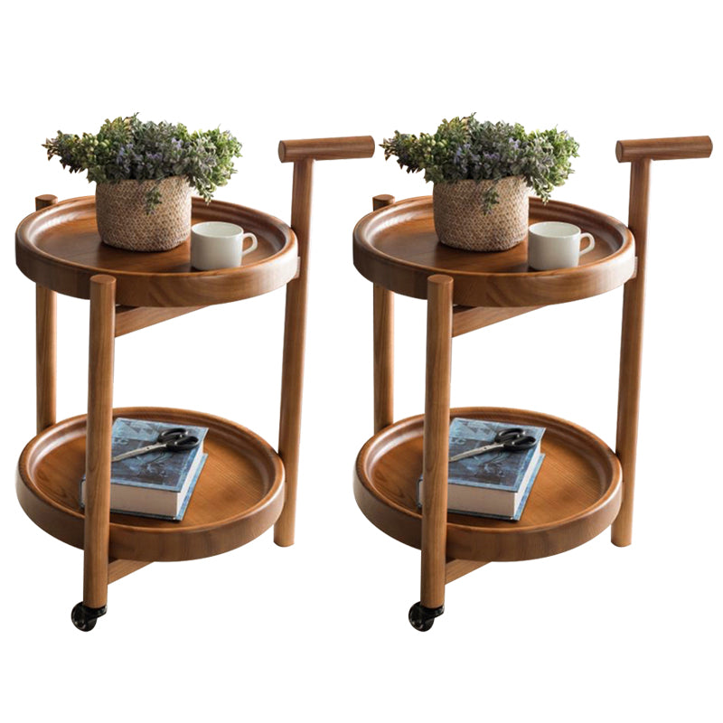 Scandinavian Round Tray Top Side Table 21.6-inch Wood End Table with Shelf and Wheel
