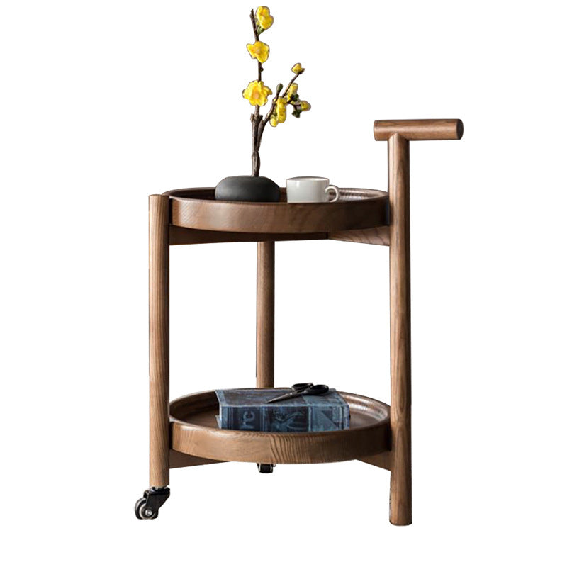 Scandinavian Round Tray Top Side Table 21.6-inch Wood End Table with Shelf and Wheel
