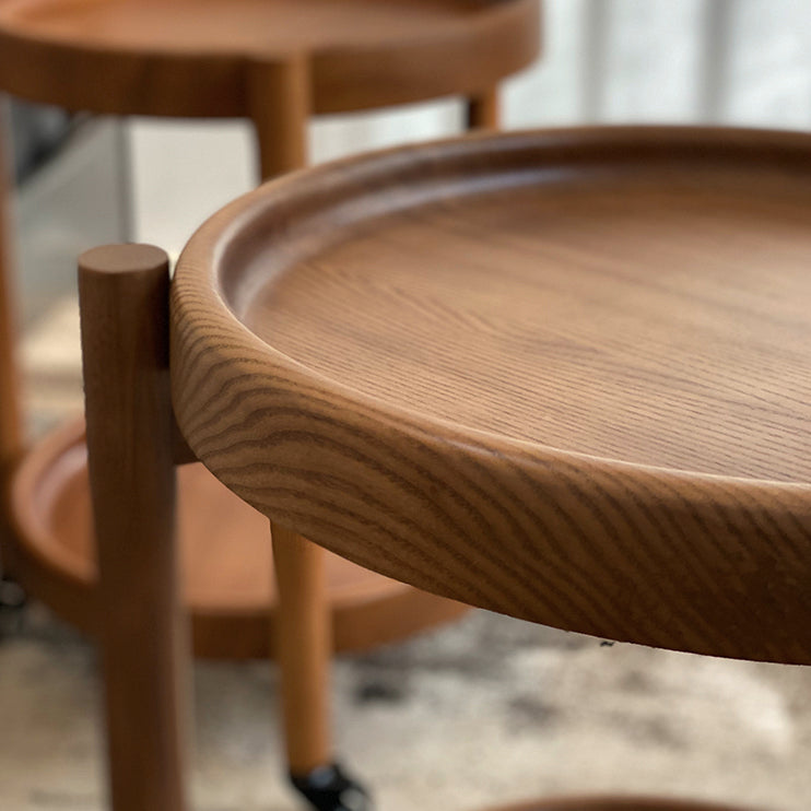 Scandinavian Round Tray Top Side Table 21.6-inch Wood End Table with Shelf and Wheel