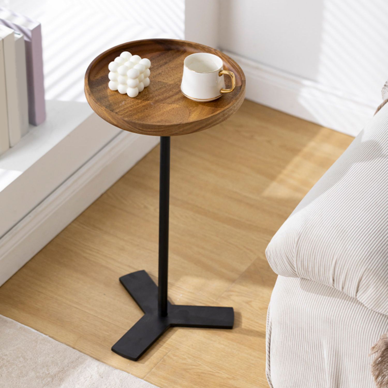 Contemporary Style Side End Table Metal Pedestal Round Sofa Side Accent Table