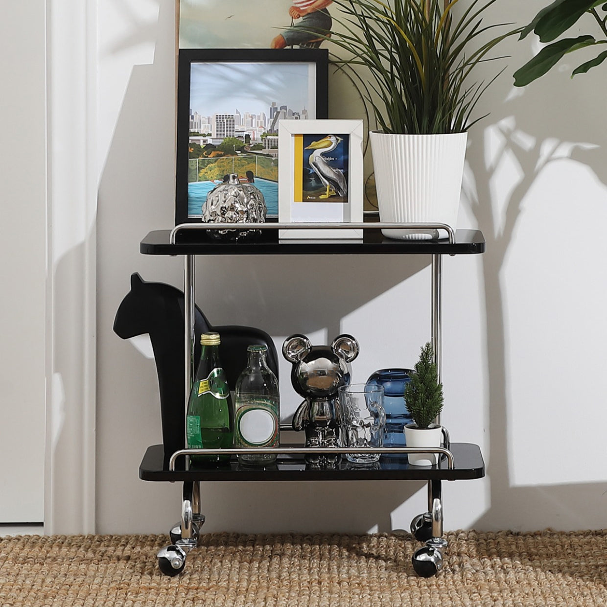 Rectangular Side Table with Wheel Base Mid-century Modern Style with Storage Shelf