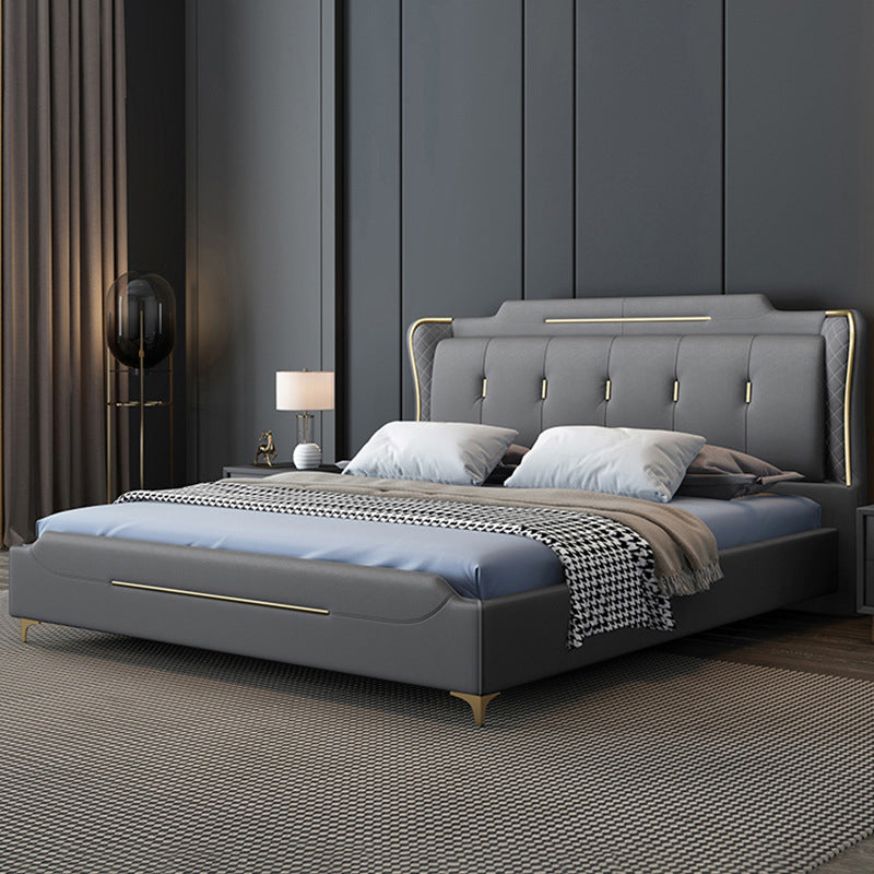 Faux Leather Glam Panel Bed with Wooden Upholstered Headboard