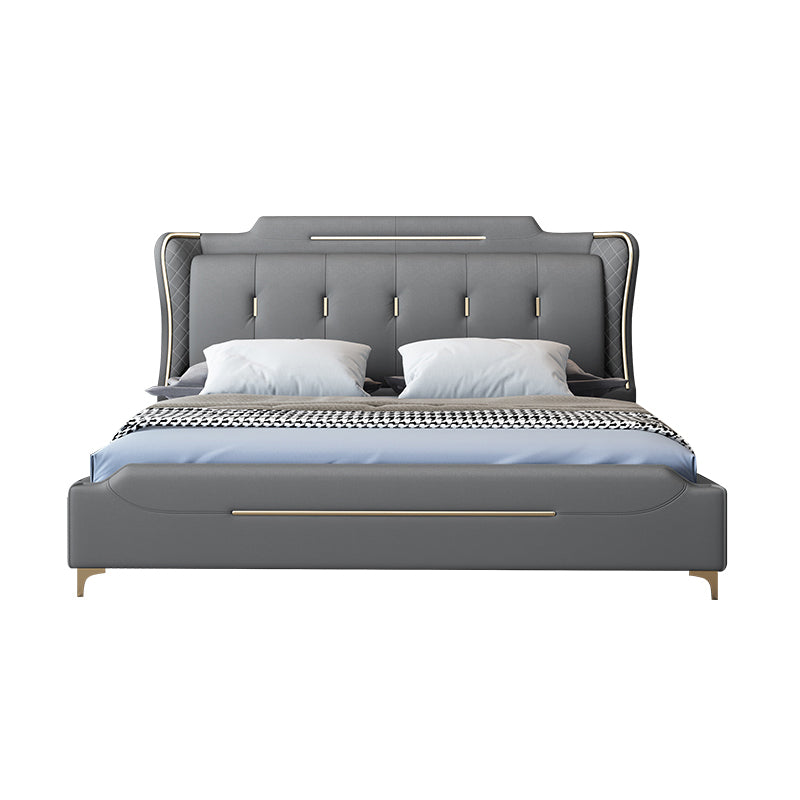 Faux Leather Glam Panel Bed with Wooden Upholstered Headboard