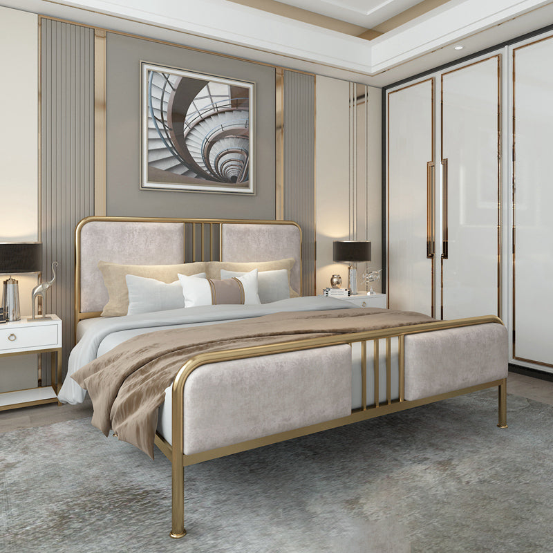 Glam Metallic Open-Frame Bed with Fabric Upholstered Headboard