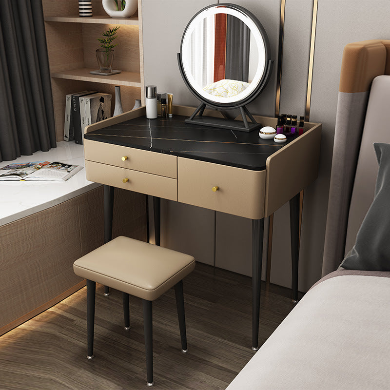 Luxurious Stone Top Vanity Genuine Leather Vanity Set with Stool